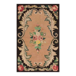 1930s Tan Camel Floral Medallion Antique American Hooked Rug 2'7" X 4'2" Handwoven Wool Carpet For Sale