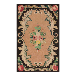 1930s Tan Camel Floral Medallion Antique American Hooked Rug 2'7" X 4'2" Handwoven Wool Carpet