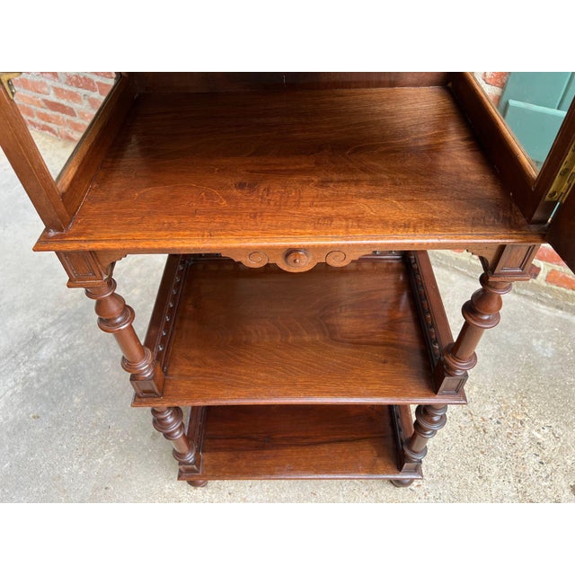 Antique English Display Cabinet Narrow Bookcase Étagère Glass Walnut C1920 For Sale - Image 17 of 18