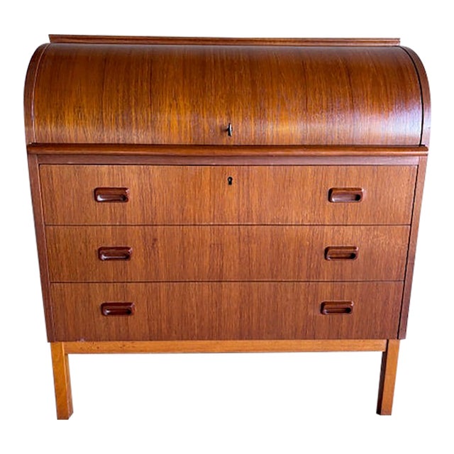 Mid-Century Teak Rolltop Secretary Desk Signed Egon Ostergaard With Label Made in Sweden For Sale