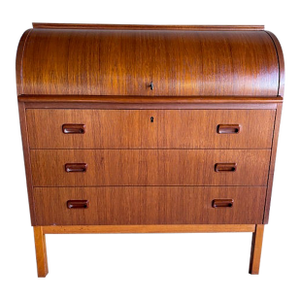 Mid-Century Teak Rolltop Secretary Desk Signed Egon Ostergaard With Label Made in Sweden