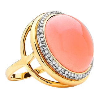Syna Salmon Coral Yellow Gold Ring with Diamonds For Sale