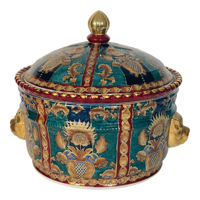 Mid 20th Century Chinese Export Tureen Handpainted With Lion Handles and Cover For Sale