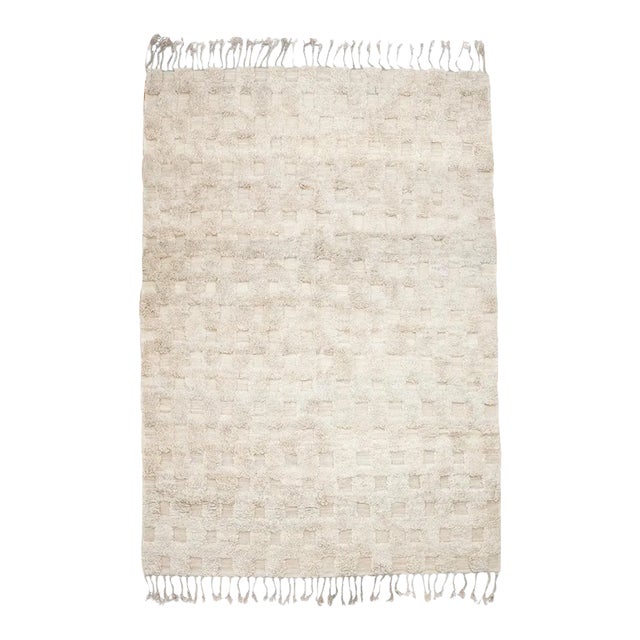 All Natural Hand-Spun Wool Checker Flatweave & Pile Moroccan Rug - 5'1 X 8'8" For Sale