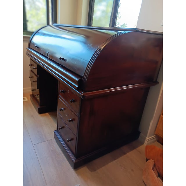 English Antique Mahogany Cylinder Top Pedestal Desk - Set of 2 For Sale - Image 3 of 3