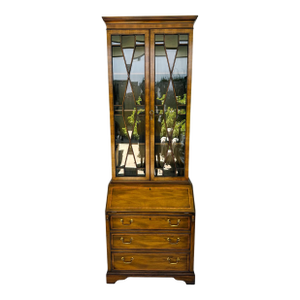 1970s Kittinger George III Chippendale Style Inlaid Mahogany Secretary Desk Bookcase