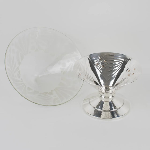 Metal Art Deco Silver Plate and Etched Glass Centerpiece Bowl For Sale - Image 7 of 11