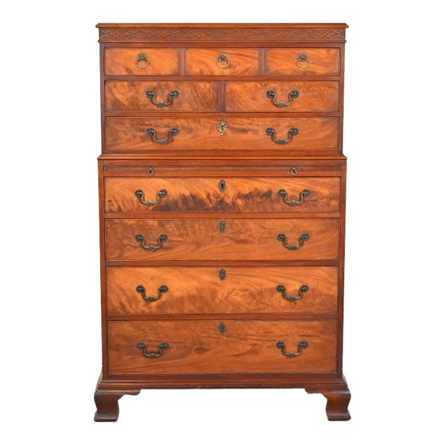 Flame Mahogany Highboy Dresser in the Manner of Baker