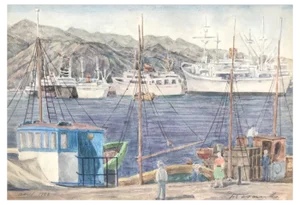Pierre Desaules, Liner, Santa Cruz De Tenerife, 1953, Gouche on Paper