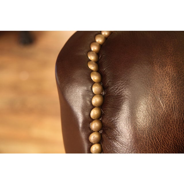 Tufted Brown Leather Executive Swivel Chair With Brass Nailhead Trim and Casters For Sale - Image 11 of 17