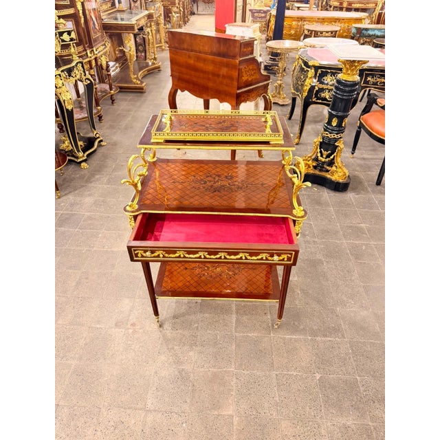 Vintage Marquetry Louis XVI Rolling Serving Cart & Tray For Sale - Image 10 of 10
