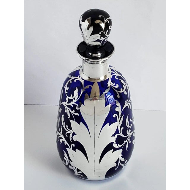 Victorian Antique Cobalt Blue & Sterling Silver Overlay Decanter For Sale - Image 3 of 8