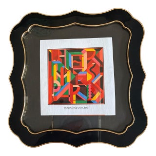 Vintage 1980's Hermès “Perspective Cavalière” Print of Hermes Scarf Avertisement Art in Black & Gold Scalloped Frame For Sale