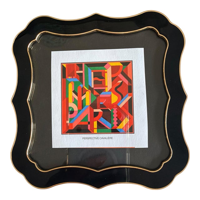Vintage 1980's Hermès “Perspective Cavalière” Print of Hermes Scarf Avertisement Art in Black & Gold Scalloped Frame For Sale