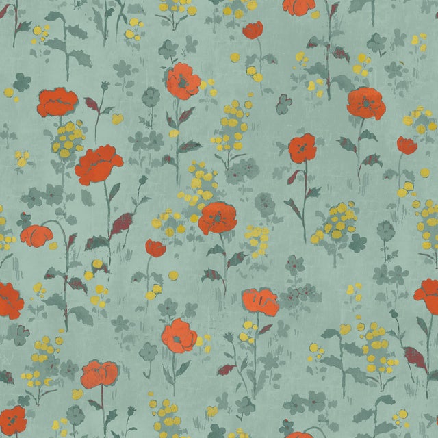 Sample - Poppies Wallpaper by Paule Marrot in Green For Sale