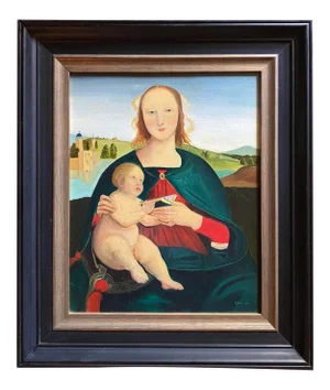 Late 20th Century Madonna and Child Figurative Oil Painting; After Rafael. Framed. Signed.