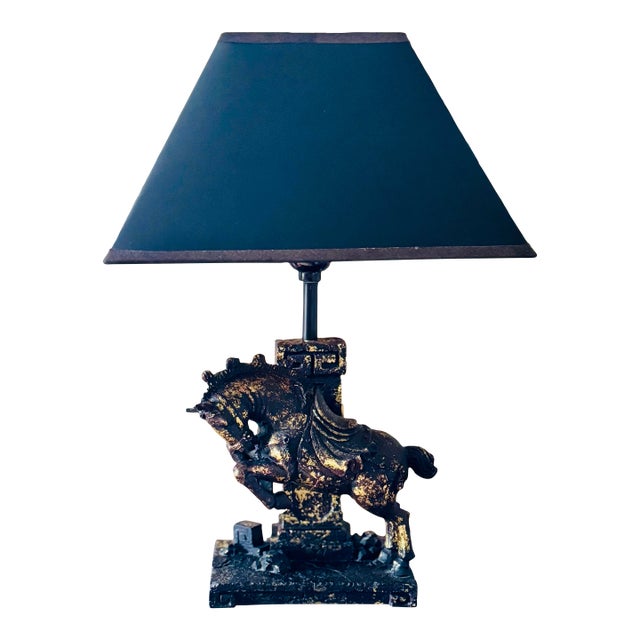 Vintage Figural Black and Gold Horse Lamp With Original Black Shade- Horse Lamp For Sale