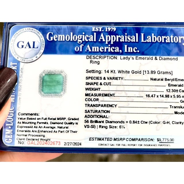 Natural Emerald Diamond Ring Size 6.25 14k W Gold 13.14 TCW Certified For Sale - Image 18 of 18