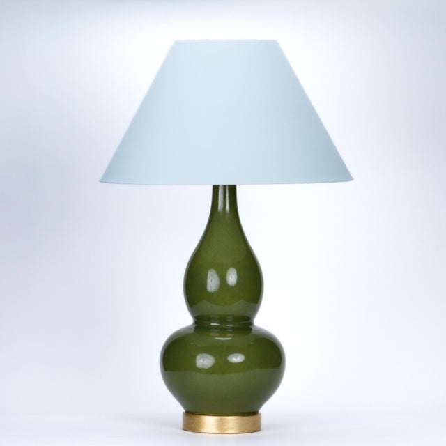 Ceramic Casa Cosima Double Gourd Table Lamp, Olive Craquelure/Blue Stream Shade For Sale - Image 7 of 7