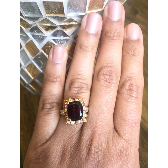 6.97 Carat Garnet Sapphire Diamond Yellow Gold Cocktail Ring For Sale In Los Angeles - Image 6 of 6