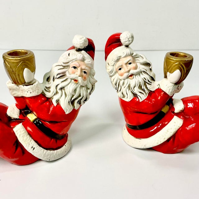 Ceramic 1950s Vintage Americana Boho Chic Whimsical Kick-Backed Santa Candle Holders - A Pair, Christmas For Sale - Image 7 of 11