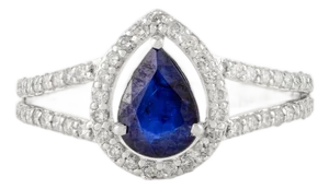 14k White Gold Sapphire Diamond Pear Engagement Ring Size 7