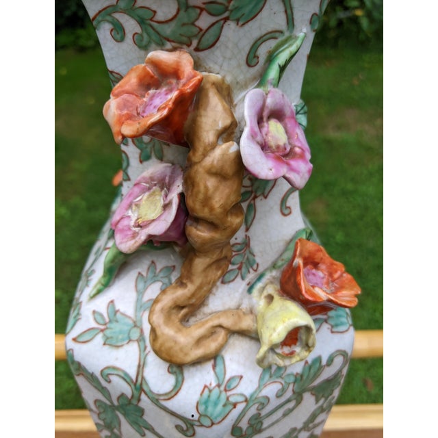 Mid-Century Asian Porcelain Famille Verte Lamp With Figural Relief Flower Vine Handles For Sale - Image 9 of 12