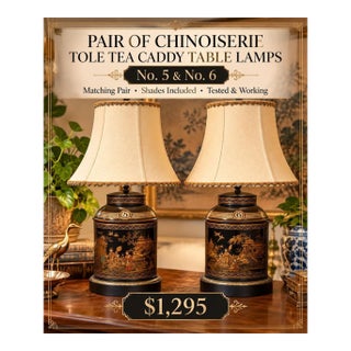 Pair of Chinoiserie Tole Tea Caddy Table Lamps No. 5 & 6 – Black & Gilt – Working For Sale