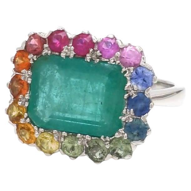 Early 21st Century Natural 5.96 cts Zambian emerald & 1.46 cts rainbow sapphire ring in 18k gold For Sale - Image 5 of 18