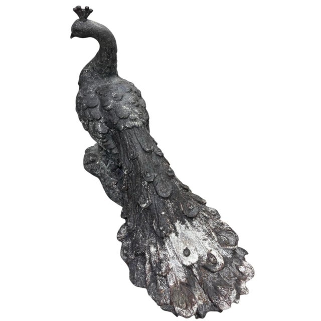 Farmhouse Vintage Cast Iron Peacock Statue - Weathered Architectural Garden Sculpture For Sale - Image 3 of 12