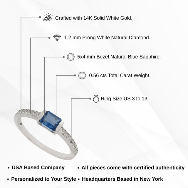 14k White Gold 0.56ct Emerald Cut Blue Sapphire & Diamond Ring Size 8 For Sale - Image 12 of 16