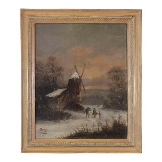 19th Century Henry Chenu, Winter Landscape with Windmill, Oil on Panel For Sale