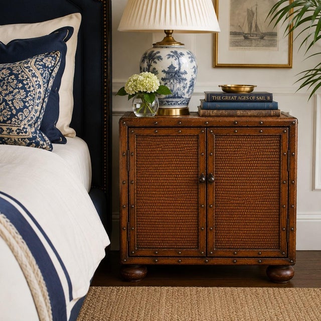 Vintage British Colonial Style Woven Campaign Cabinet / Nightstand with Leather Trim Rich in texture and character, this...