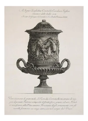 Vaso Cinerario di Gran Mole, etching from ''Vases, Candelabras, Grave,Stones\.'' 1778