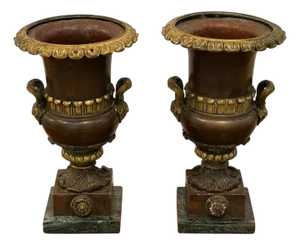 1920s Neoclassical Bronze Marble Table-Top Urns, France- Set of 2