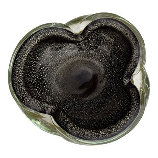 Vintage Murano Barbini Black Gray Gold Flecks Italian Art Glass Decorative Mid-Century Bowl Ashtray For Sale