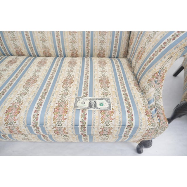 Pair of Camelback Loveseat Blue & White Striped & Floral Upholstery MINT! For Sale - Image 14 of 18