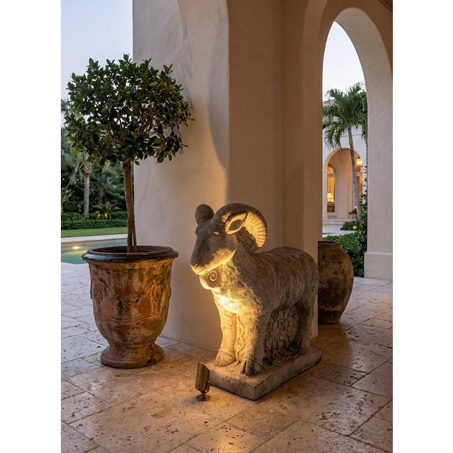 Vintage Stylized Cast Stone Ram Garden Statue For Sale - Image 9 of 10