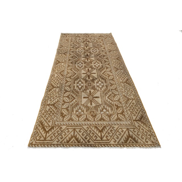 Tribal Vintage Hand-Knotted Neutral Anatolian Tribal Runner Rug | Earthy Beige & Walnut Geometric For Sale - Image 3 of 9