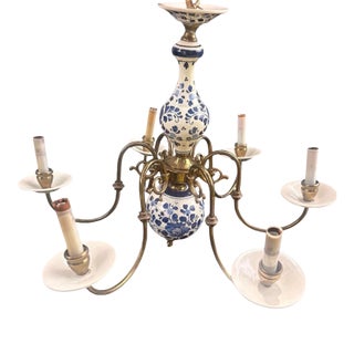 Mid 20th Century Delft Blue & White Porcelain Floral Hanging Chandelier Light Fixture 6 Arm For Sale