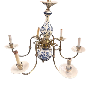 Mid 20th Century Delft Blue & White Porcelain Floral Hanging Chandelier Light Fixture 6 Arm