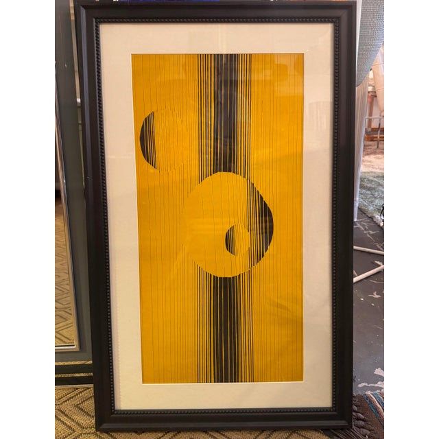 Mid-century Modern Mixed Media Op Art Painting, Framed Offered for sale is a mid-century modern mixed-media painting...
