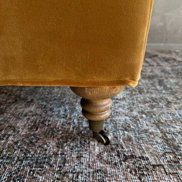 Textile Modern English Sofa in a Caramel Mustard Faux Velvet Mohair With Down Cushion For Sale - Image 7 of 9