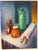 A charming vintage still life featuring a collection of everyday objects—including bottles, a jar, and a rolling...