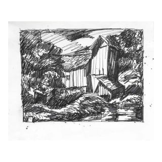 1950s Norman Kent Landscape Drawing With Barn For Sale