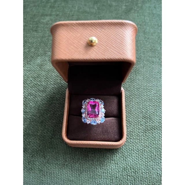 Metal Bochic “Capri” Emerald Shape Pink Topaz & Tanzanite Ring Set 18K Gold & Silver For Sale - Image 7 of 12