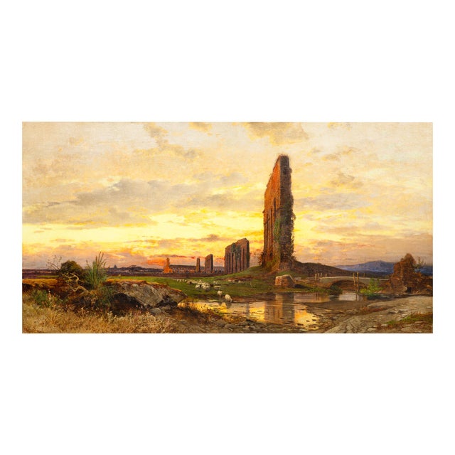 HERMANN DAVID SALOMON CORRODI Italian, 1844-1905 "The Roman Campagna at Sunset with Ruins of an Ancient Aqueduct" 35 1/4"...