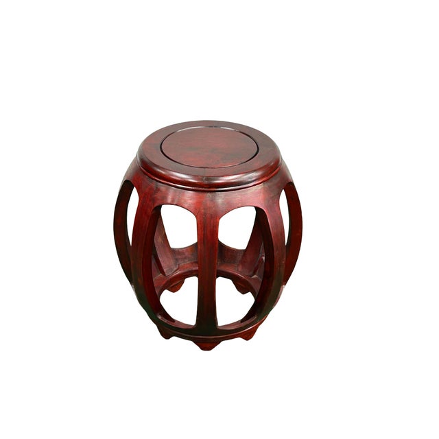 Wood Vintage Reddish Brown Oriental Barrel Shape Round Stool Side Table For Sale - Image 7 of 11