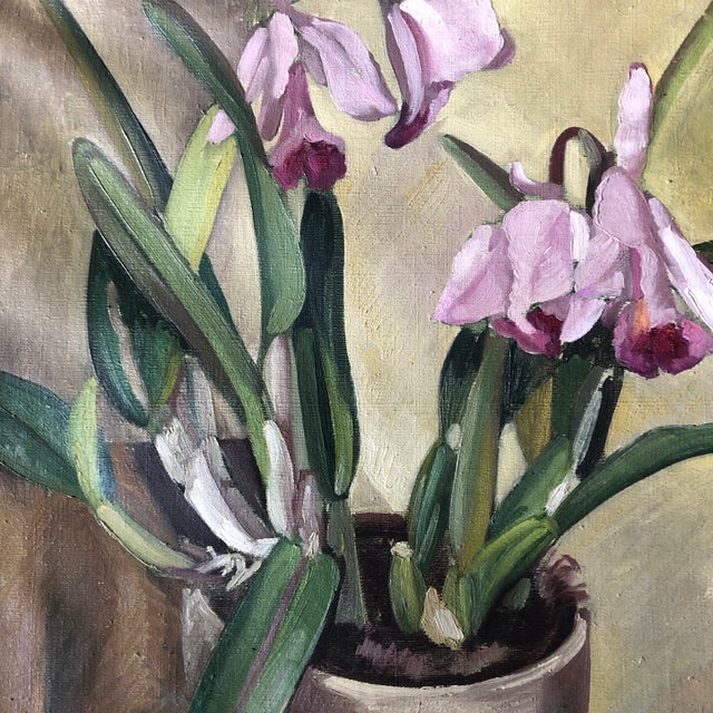 Mid-Century Modern Original Vintage 1940’s Modernist Still Life Painting Orchids For Sale - Image 3 of 7