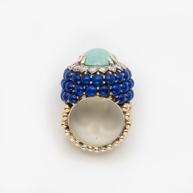 Gold Vintage 14k Yellow Gold Diamond Turquoise Lapis Cocktail Ring C. 1960s, Size 7.5 For Sale - Image 8 of 9